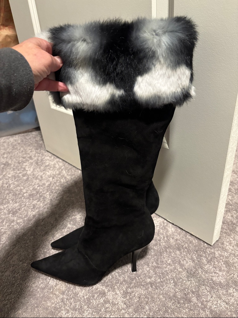 Black Suede Over-The-Knee Boots With Black & White Faux Fur Cuff